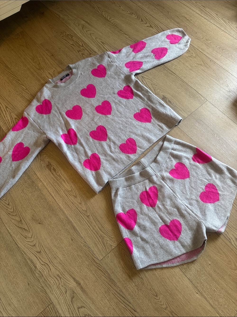 Nasty Gal Gray Knit Set with Hot Pink Hearts